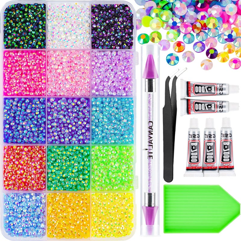 18000Pcs Resin Jelly Rhinestones for Bedazzling Multicolor 3mm Flatback Rainbow Gems Bedazzling Crystal with 4Pcs 25g Jewelry Glue Rhinestone Picker for DIY Crafting Clothes Shoes Nail Art